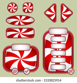 Buttons and banners in the form of lollipops for buttons for the design of the interface and menu of mobile games and applications on the new year and Christmas theme.