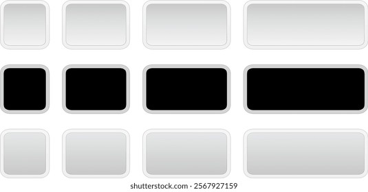 Buttons black gray square and rectangle shapes collection, interesting navigation panel for website with shiny light buttons.