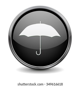 Buttons. Black shiny glass round button with metal frame. Weather icon. Vector isolated on white.