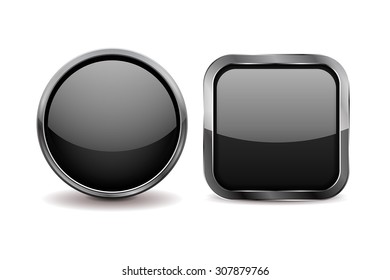 Buttons. Black Shiny Glass Sphere And Square Button With Metal Frame. Vector