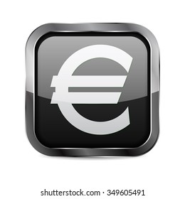 Buttons. Black shiny glass square button with metal frame. Money euro icon.  Vector isolated on white. 