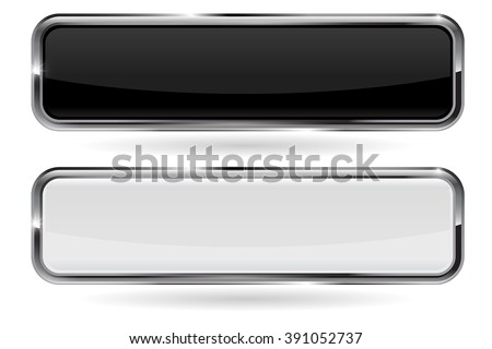 Buttons. Black and white button with metal chrome frame. Vector illustration isolated on white background