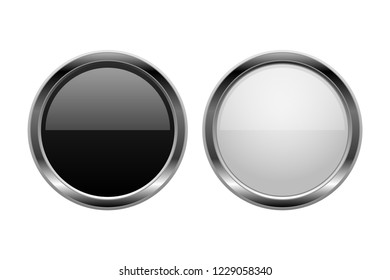 Buttons. Black and white glass round 3d icons. Vector illustration isolated on white background