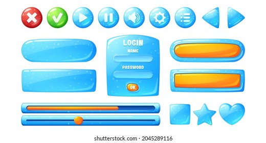 Buttons with blue jelly texture for user interface design in game. Vector cartoon set of ui elements from water with bubbles, check box, stop, play and pause buttons and login frame