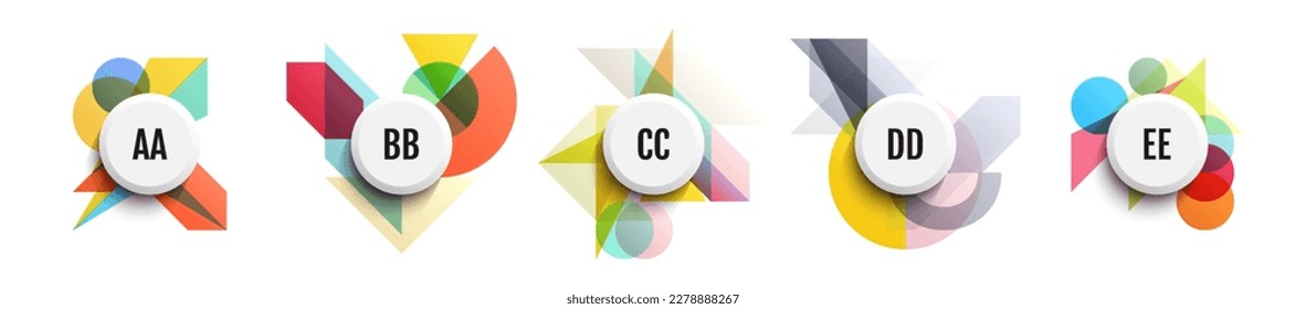 Buttons with capital letters on the background of different transparent overlapping shapes. Abstract art composition. Geometrical design. 3D vector for presentation, poster, cover or brochure. 