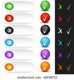 Buttons check sign and tick sign set. Vector isolated
