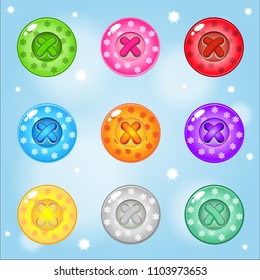 Buttons Circle of bright colors set fo clothing. Collection cute glossy in different colors.