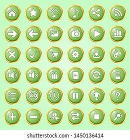 Buttons circle color green border gold icon set for games.