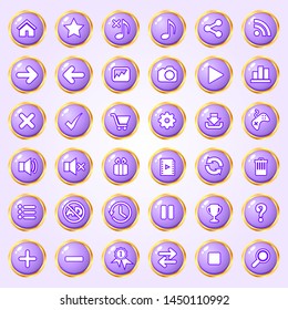 Buttons circle color purple border gold icon set for games.