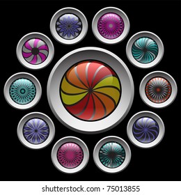 Botones con un patrón decorativo de color. Conjunto de elementos de diseño. Ilustración Vector Eps10.