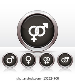 Buttons with combinations of male and  female symbols. Vector illustrations.