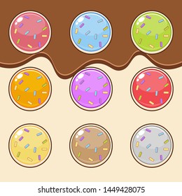 Buttons cookies shape circle 9 colors and topping.