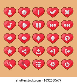 Buttons for the design of the graphical user interface of games and applications on the theme of love in the form of hearts with options and navigation icons.