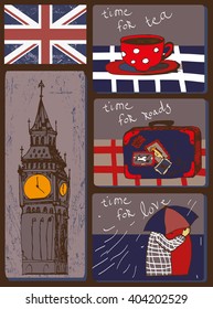 Buttons design set.Set of buttons contains images of Big Ben,flag,couple under umbrella,cup of tea and text. Cartoon style.