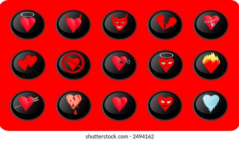 buttons with different kinds of hearts and characters on them