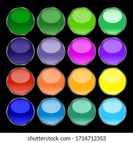 Buttons of different, saturated colors in the shape of a ball with a mirror effect on a black background. The unique design of the buttons with a mirror effect. Vector graphics. Stock Photo.