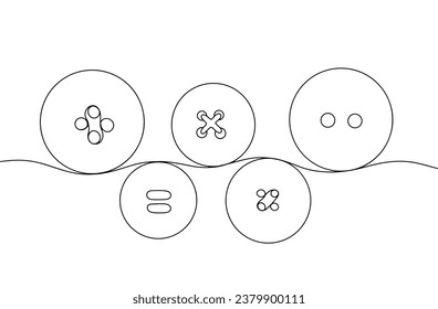 Buttons of different sizes and number of holes. Sewing accessories. National Button Day. One line drawing for different uses. Vector illustration.