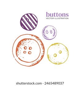Buttons of different sizes and shapes. Accessories for clothing. Repair and tailoring to order, sewing workshop, atelier, sewing store. Vector illustration