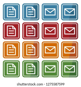 Buttons with document icon and envelope icon. Vector illustration isolated on white background. (4 colors)
