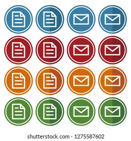 Buttons with document icon and envelope icon. Vector illustration isolated on white background. (4 colors)