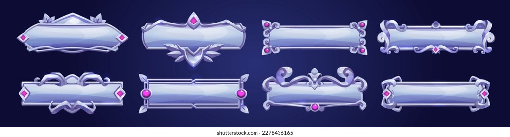 Buttons with fantasy frame for game UI design. Silver banners or title bars with decorative borders in ancient medieval style, vector cartoon set isolated on background