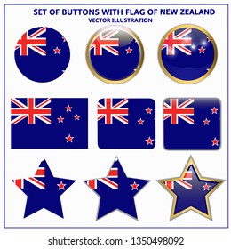 Buttons with flag of New Zealand. Colorful illustration with flags for web design. Illustration with white background.