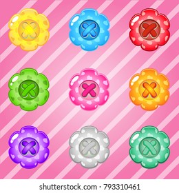 Buttons flowers of bright colours set fo clothing. Collection cute cartoon glossy games with jelly in different colors. Vector assets Magic love item for web or game design. Decorative GUI elements.