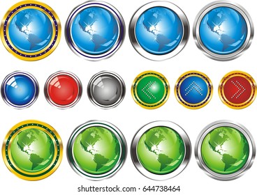 Buttons in the form of the planet. Set of web buttons with arrows pointing in silver and gold edging. Buttons in vector form