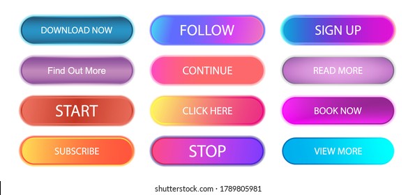 Buttons with gradient and shadow. Colorful collection for web, UI, UX, app. Gradient neon buttons - download, read more, subscribe, click here, follow, continue, sign up and other. Vector flat set