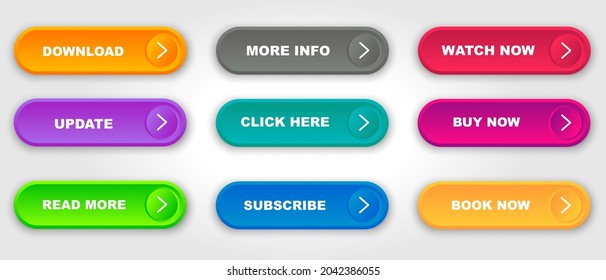 Buttons with gradient and shadow. Colorful collection for web, UI, UX, app. Gradient neon buttons - download, read more, subscribe, click here, follow, continue, sign up and other. Vector flat set
