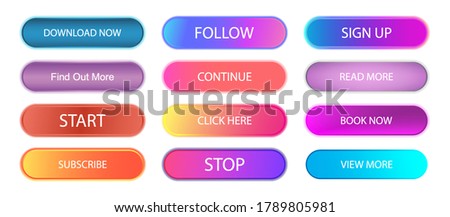 Buttons with gradient and shadow. Colorful collection for web, UI, UX, app. Gradient neon buttons - download, read more, subscribe, click here, follow, continue, sign up and other. Vector flat set