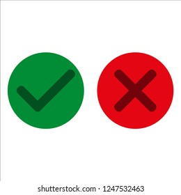 Buttons: green and red on a white background. Cross on red and tick on green. Truth and lie. Yes and no . Vector illustration. Flat design for business financial marketing banking advertising web conc