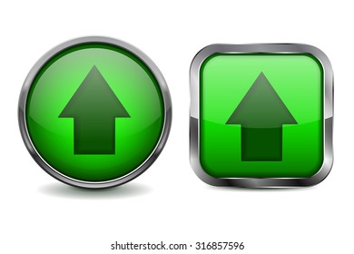 Buttons. Green shiny glass sphere and square button with metal frame. Vector isolated on white background.