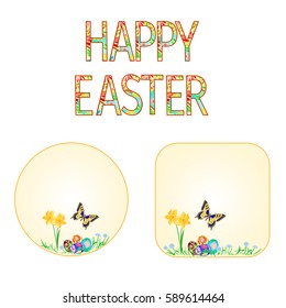 Buttons Happy easter spring flowers daffodils with butterfly and Easter eggs vintage vector illustration