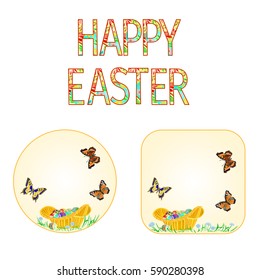 Buttons  Happy easter  wicker basket with Easter eggs with butterflies vintage vector illustration