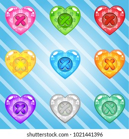 Buttons Hearts of bright colours set fo clothing. Collection cute cartoon glossy games with jelly in different colors. Vector assets Magic love item for web or game design. Decorative GUI elements