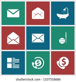 Buttons icon. collection of 9 buttons filled icons such as shower, mail, envelope, bank support, needle button. editable buttons icons for web and mobile.