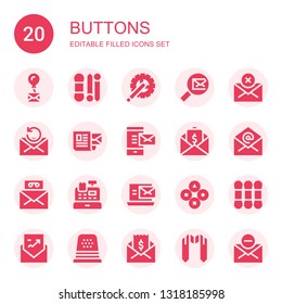 buttons icon set. Collection of 20 filled buttons icons included Mail, Knit, Crank arm, Cashier machine, Buttons, Thread, Envelope, Thimble, Sash