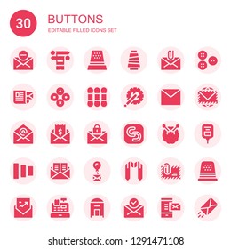 buttons icon set. Collection of 30 filled buttons icons included Mail, Knit, Thimble, Thread, Buttons, Crank arm, Safecopy backup, Knitting, Fade Sash, Envelope, Saline