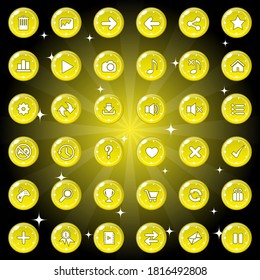 Buttons and icon set design for game or web theme is yellow. Premium Vector illustration.