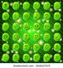 El diseño de botones y conjuntos de iconos para juegos o temas web es verde. Ilustración vectorial.
