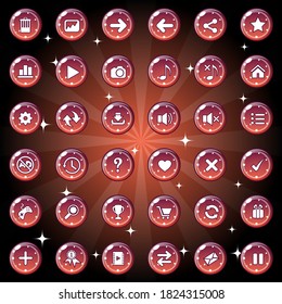 Buttons and icon set design for game or web theme is dark red. Premium Vector illustration.