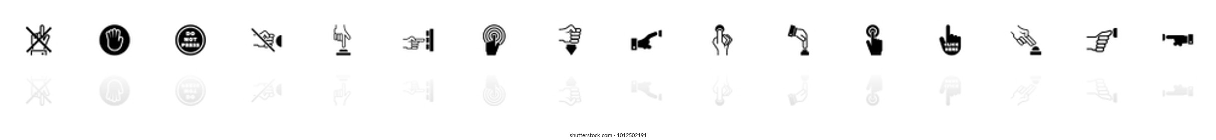 Buttons icons - Black horizontal Illustration symbol on White Background with a mirror Shadow reflection. Flat Vector Icon.