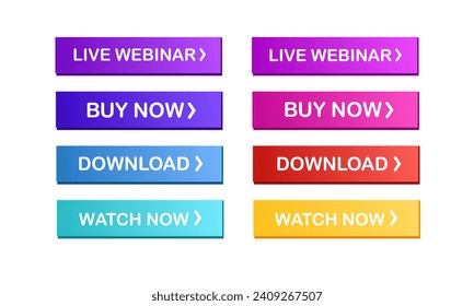 Buttons icons. Flat, color, collection of pop art buttons, live webinar, buy now, download, watch now icons. Vector icons