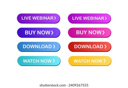 Buttons icons. Flat, color, live webinar, buy now, download, watch now icons, collection of pop art buttons. Vector icons