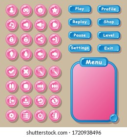 Buttons, icons, and menu Windows for the design of game user interfaces (UI) for games and apps. User buttons, settings, navigation, play, replay, pause, exit, and others.