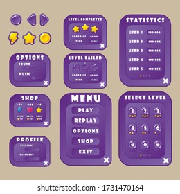 Buttons, icons, and menu Windows for the design of game user interfaces (UI) for games and apps. User buttons, settings, navigation, play, replay, pause, exit, and others.