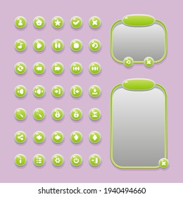 Botones, iconos y ventanas de menú para el diseño de interfaces de usuario de juegos (UI) para juegos y aplicaciones. Botones de usuario, configuración, navegación, reproducción, reproducción, pausa, salida y otros.
