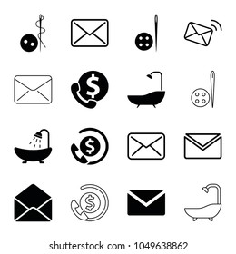 Buttons icons. set of 16 editable filled and outline buttons icons such as needle button, shower, mail, bank support