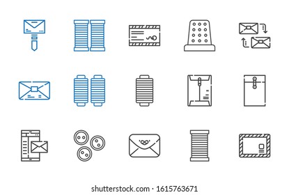 buttons icons set. Collection of buttons with envelope, thread, mail, mailing, thimble. Editable and scalable buttons icons.